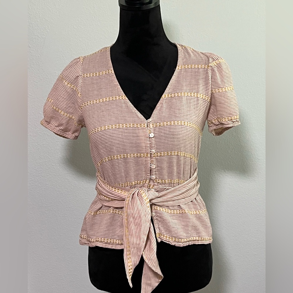 MAISIE Short Sleeve Tie Waist Button Front Top- XS